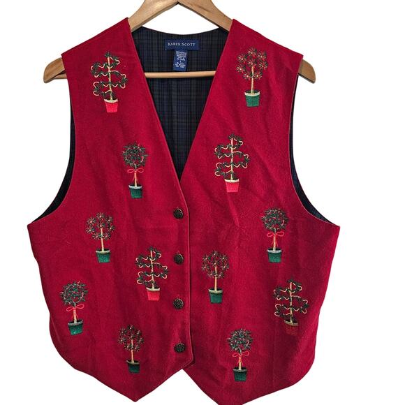 Vintage Karen Scott Christmas Vest Women Large Red Plants Y2K Preppy Granny Bows - Picture 1 of 10